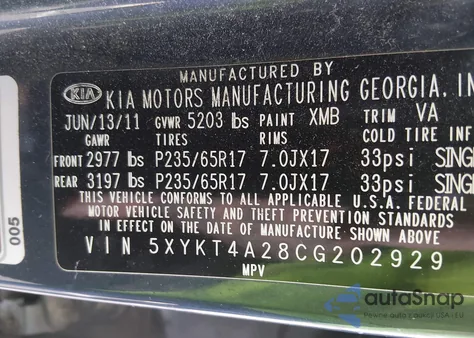 2012 Kia Sorento Lx V6 z USA, uszkodzony, nr VIN 5XYKT4A28CG202929